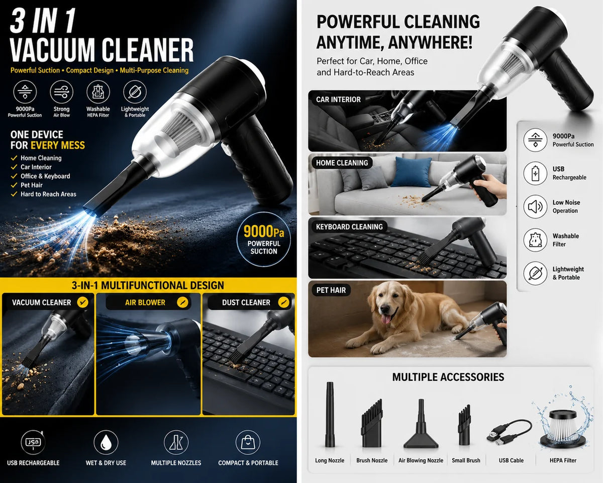 3-in-1 Portable Vacuum Cleaner | 9000Pa Suction | For Car, Home & Office